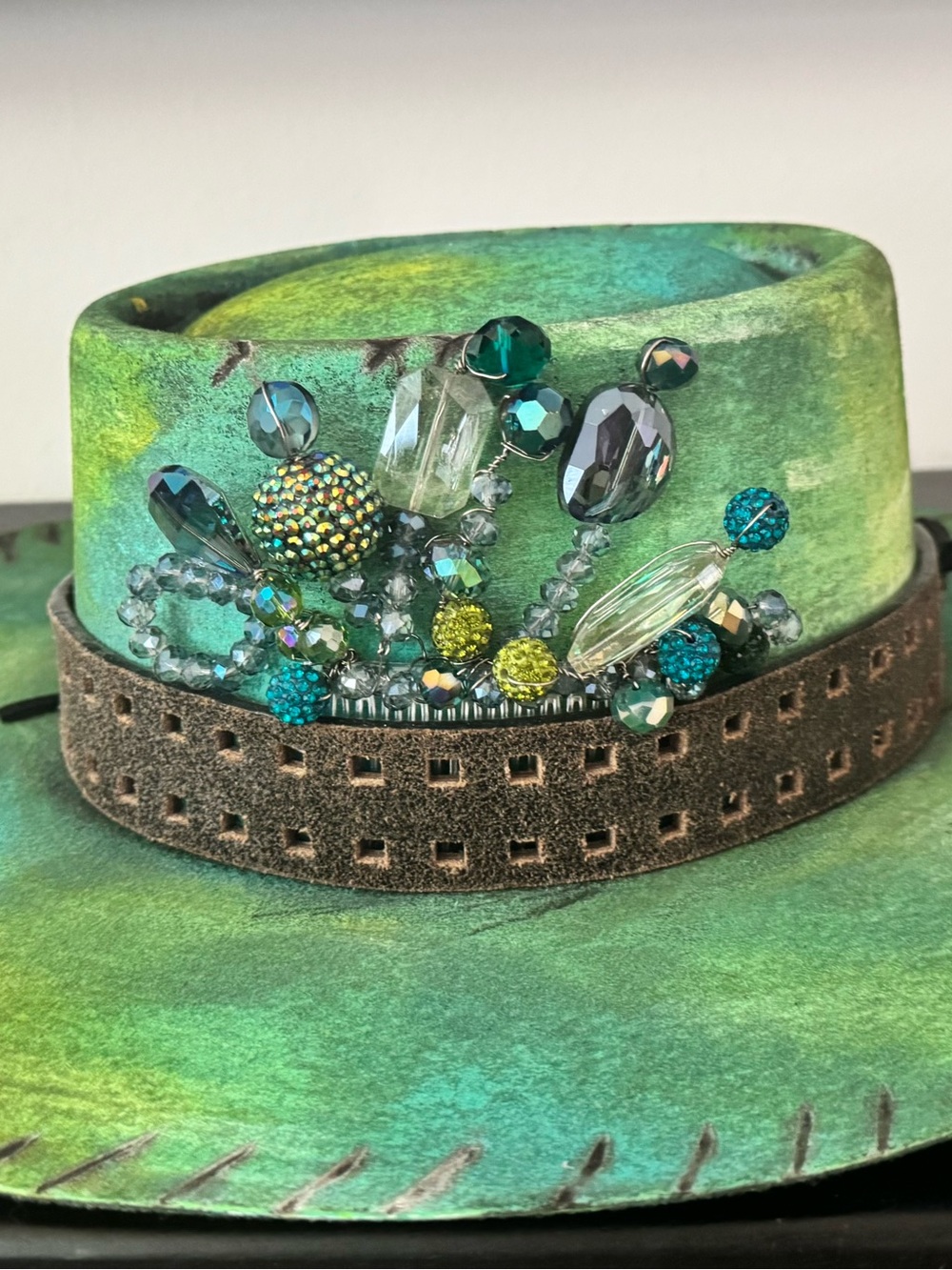 Art by Amy Labbe custom hat with crystal embellishments